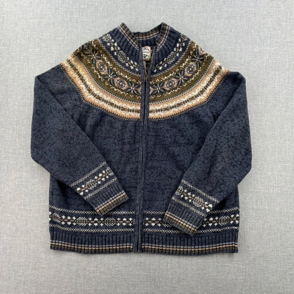 Vintage Y2K Heirloom Cardigan Sweater Women Large Blue Fair Isle Full Zip Nordic